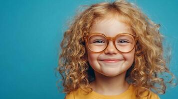 Smiling girl with curly hair wearing round glasses, posing in front of a blue background. Her expression is cute and happy. photo
