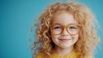 Happy little girl with curly hair and glasses, smiles confidently on a blue background, radiating warmth and positivity. photo