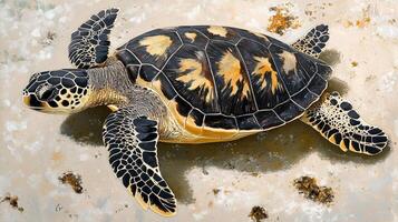 A captivating sea turtle, basking on a light sandy surface, showcases its intricate shell and textured skin in a serene coastal setting. photo