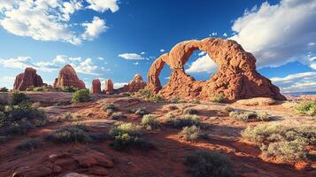 Majestic rock formations create a breathtaking desert landscape under a vibrant blue sky with scattered clouds in a natural setting. photo