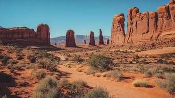 Desert landscape with sandstone buttes rising from the arid ground and scattered vegetation under a clear blue sky. photo