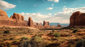 Vast desert landscape with towering sandstone buttes under a partly cloudy blue sky, capturing the rugged beauty of the American Southwest. photo