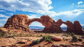 Majestic rock arches against a blue sky with clouds, sculpted by time and nature. A desert landscape of sandstone formations. photo