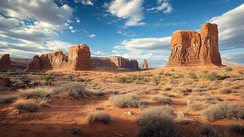 Monumental sandstone formations rise majestically against a vast, open sky, showcasing the timeless beauty of the desert landscape. photo