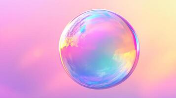 Abstract, iridescent, orb with holographic colors, floating in a dreamy pink and yellow space, reflecting cloud-like images. photo