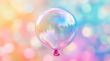 A transparent balloon floats against a vibrant bokeh background, its surface reflecting iridescent colors creating a dreamy ethereal effect. photo