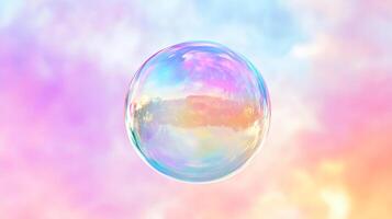 Iridescent bubble floats against a dreamy sky, a sphere of light and color shimmering with ethereal beauty. Colorful clouds reflect. photo