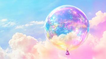 Dreamlike translucent orb floats amidst soft pastel clouds, reflecting celestial light. Ethereal and whimsical in a serene sky. photo
