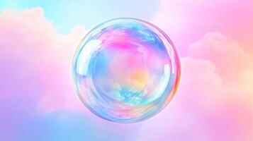 A mesmerizing sphere of color and light floats amidst a pastel dreamscape, reflecting a world of fantasy and wonder. Ethereal and captivating. photo