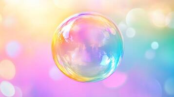 A shimmering sphere hovers against a blurred canvas of pastel hues, capturing light and reflection in a mesmerizing display of color. photo