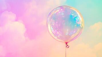 Iridescent balloon floating against a soft, pastel sky, creating a whimsical and dreamlike atmosphere. Shimmering colors add to its ethereal charm. photo