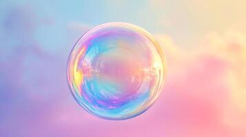 Iridescent Bubble Floating Against a Soft Gradient Sky, Showing Reflections and Light Bending, Evoking a Sense of Wonder and Peace. photo