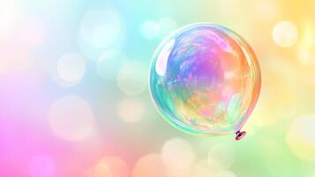 A vibrant and iridescent balloon floats against a bokeh background, evoking feelings of joy and celebration in its colorful display. photo