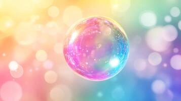 A luminous sphere, radiating a spectrum of pastel hues, floats amidst a soft, bokeh-filled backdrop, creating an ethereal and dreamy ambiance. photo