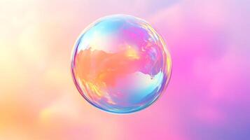 A mesmerizing sphere of iridescent colors floats against a gradient backdrop, blending pinks, oranges, and blues in a smooth transition. photo
