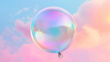 Iridescent bubble floating against a pastel sunset, reflecting the dreamy clouds in its delicate, translucent surface. photo