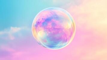 A translucent sphere shimmers with rainbow hues against a soft pastel sky, creating an ethereal and dreamy visual experience. photo