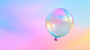Iridescent balloon floats against a pastel gradient sky, creating a dreamy and ethereal ambiance, evoking feelings of whimsy and joy. photo