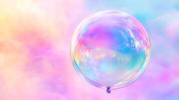 A shimmering, iridescent bubble floats against a backdrop of soft pastel clouds, creating a dreamy and ethereal visual experience. photo
