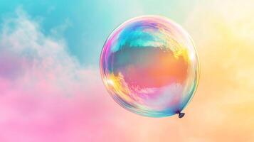 A giant iridescent bubble floats freely in the sky, capturing pastel colors and reflections, creating a dreamlike and surreal scene. photo