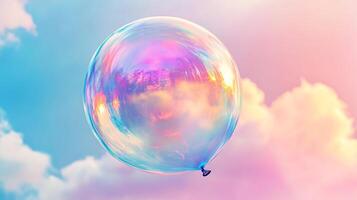 Iridescent sphere floating amidst pastel clouds. A transparent bubble reflecting a dreamy sky with hues of pink, blue, and purple creating magic. photo