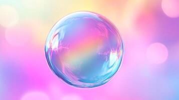 A transparent orb, reflects pastel colors. It floats against a bokeh background, creating a dreamy and ethereal composition. photo