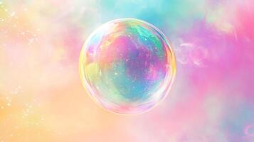 A shimmering, iridescent bubble floats amidst a pastel dreamscape, capturing light and color in its delicate, ethereal sphere. photo
