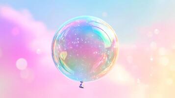 Iridescent bubble floats in a dreamlike sky, its surface shimmering with pastel colors and captured starlight, creating a sense of wonder photo