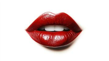 Close-up image of lips with bright red glossy lipstick and visible white teeth against a clean white background in a studio setting. photo