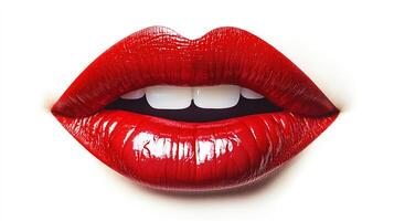 A striking close-up of glossy red lips slightly parted, revealing a glimpse of white teeth against a stark white background, captivating and bold. photo