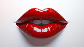 Glossy red lips stand out against a clean, white background, creating a striking visual with its bold color and simple setting. photo