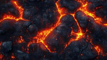 Fiery cracks illuminate the earth with molten lava in an abstract geological display of heat and power, showcasing nature's raw energy. photo