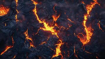 Molten lava flows across a rugged landscape, incandescent and intense, creating a dramatic and fiery scene of geothermal activity. photo