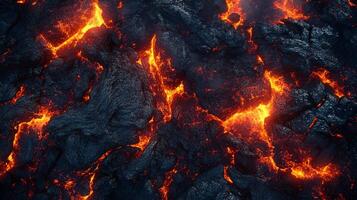 Molten rock flows and cools, contrasting black solidified surface with fiery orange molten lava. Natural hazard, raw power of geological forces. photo