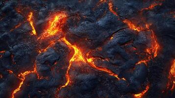 Molten rock flowing through cracks in cooled magma. Textural contrast of rough stone and fluid orange glow. photo