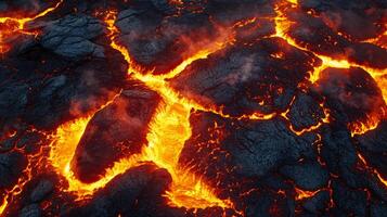 Molten rock flows intensely, glowing orange, red, and yellow. A layer of dark, cooled rock covers the surface, with trails of smoke. photo