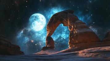 Otherworldly desert landscape featuring a majestic natural rock arch illuminated by moonlight, set against a backdrop of stars and nebula. photo