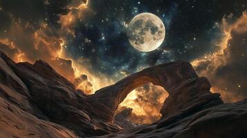 A breathtaking view of a full moon shining above a natural stone arch, set against a colorful, swirling night sky. photo