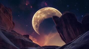 Spectacular view of a giant moon and a dramatic rocky landscape under a starlit sky, creating a surreal and captivating scene. photo