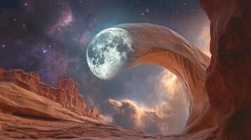 Surreal moonscape, otherworldly sky above desert landscape, and arch-shaped rock creating unique celestial portal. photo