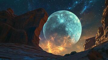 Surreal landscape with a giant moon hovering over a desert canyon, set against a backdrop of stars and dramatic sky, creating a cosmic scene. photo