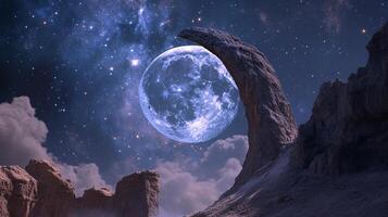 Stunning nightscape featuring a bright moon framed by rocky formations against a backdrop of a starry sky and ethereal clouds. photo