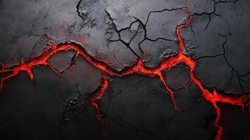A striking image showing the earth cracking open with hot orange lava shining through against the cold, dark rock surface. photo