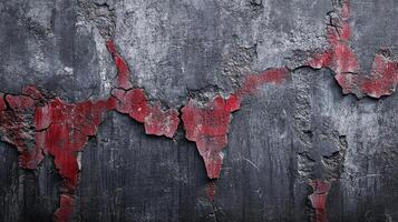 Distressed wall texture with red paint, showing signs of age and decay. A unique, aged, textured surface provides a strong visual appeal. photo