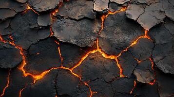 Molten cracks sear through dark, fractured earth, an inferno beneath a broken surface, revealing the planet's fiery core. A volcanic texture. photo