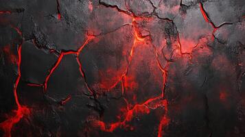 Dark stone surface with glowing red cracks. Evokes images of lava flows and molten rock. Dynamic texture, vivid contrast and striking effect. photo