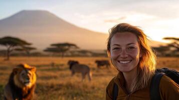 Woman smiles with lions in golden African savanna backdrop, set against hazy mountain sunset, blending wildlife and nature seamlessly. photo