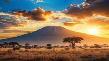 Sunrise casts golden light over a vast African plain, with a majestic mountain rising in the distance and scattered trees adding to the scene. photo