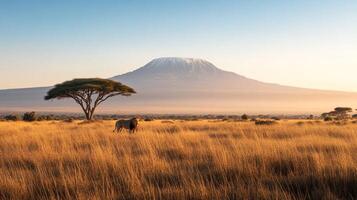Lion in a grassy field with a snow-capped mountain in the distance, silhouetted by a single tree at sunset in the African savannah. photo