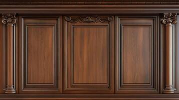 Detailed dark brown wood paneling with molding, decorative accents, and architectural columns, for furniture, wainscoting or other design. photo